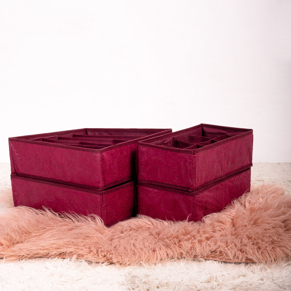 Maroon Floral Pack of 4 Drawer Storage Organizer Set for Accessories