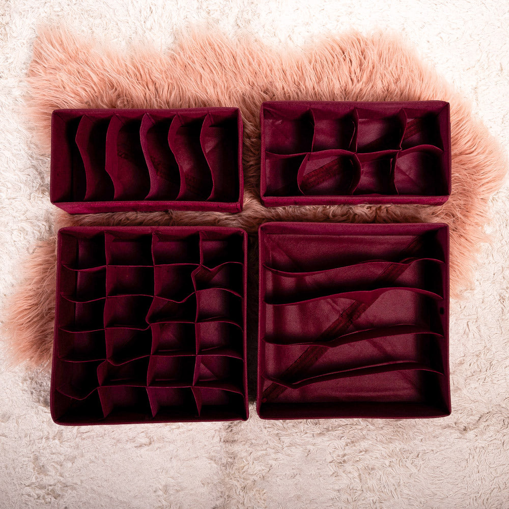 Maroon Floral Pack of 4 Drawer Storage Organizer Set for Accessories