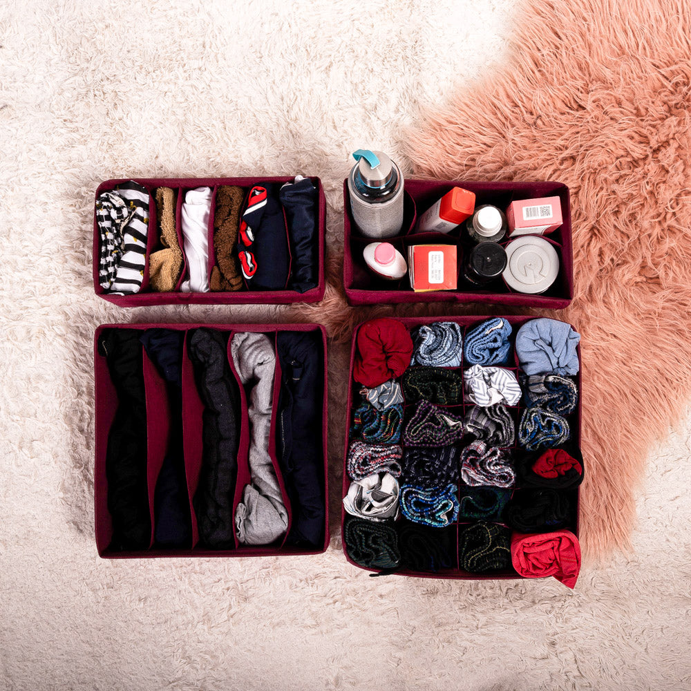 Maroon Floral Pack of 4 Drawer Storage Organizer Set for Accessories