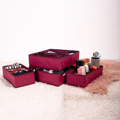 Maroon Floral Pack of 4 Drawer Storage Organizer Set for Accessories